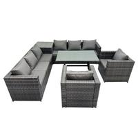 Fimous Outdoor Corner Sofa Chair Dining Table Set Garden Rattan Furniture Set 8 Seater with Side Table Dark Grey