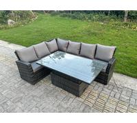 Fimous 6 Seater High Back Rattan Corner Sofa Set with Adjustable Table - Dark Grey