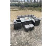 Fimous Outdoor Rattan Garden Furniture Corner Sofa Set Gas Fire Pit Table Dining Sets Gas Heater Burner Lounge Footstools Chair Dark Grey 9 Seater