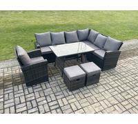 Fimous Outdoor Furniture Garden Dining Set Rattan Corner Sofa Chair Set Rectangular Dining Table With Temper Glass Footstools