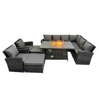 Rattan Corner Sofa Chair Set Gas Fire Pit Table with 2 Big Footstools Fimous Dark Grey One Size