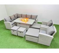 Fimous Outdoor Furniture Garden Dining Set Rattan Corner Sofa Chair Sets Gas Fire Pit Table with Temper Glass Footstools Light Grey Mixed