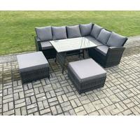 Fimous Outdoor Furniture Garden Dining Set Rattan Corner Sofa Set Rectangular Dining Table with Temper Glass 2 Big Footstool Dark Grey Mixed