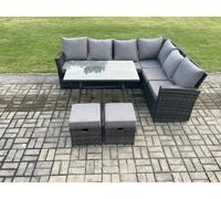 Fimous Outdoor Furniture Garden Dining Set Rattan Corner Sofa Set Rectangular Dining Table With Temper Glass 2 Small Footstools