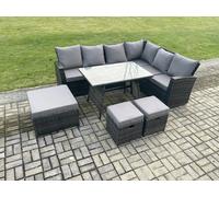 Fimous Outdoor Furniture Garden Dining Set Rattan Corner Sofa Set Rectangular Dining Table with Temper Glass 3 Footstools Dark Grey Mixed
