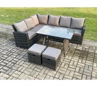 Fimous Outdoor Furniture Garden Dining Set Rattan Corner Sofa Set With 2 Small Footstools Dark Grey Mixed