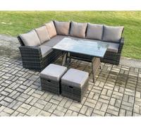 Fimous Outdoor Furniture Garden Dining Set Rattan Corner Sofa Set With 2 Small Footstools Dark Grey Mixed
