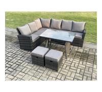 Fimous Outdoor Furniture Garden Dining Set Rattan Corner Sofa Set with 2 Small Footstools Dark Grey Mixed