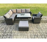 Fimous Outdoor Furniture Garden Dining Set Rattan Corner Sofa Set with Rectangular Dining Table Armchair Big Footstool Dark Grey Mixed