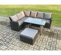 Fimous Outdoor Furniture Garden Dining Set Rattan Corner Sofa Set with Rectangular Dining Table Big Footstool Dark Grey Mixed