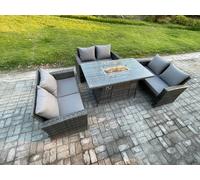 Fimous Outdoor Garden Dining Sets 6 Seater Rattan Patio Furniture Sofa Set with Gas Fire Pit Table Double Seat Sofa Dark Grey Mixed