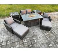Fimous Outdoor Garden Dining Sets 6 Seater Rattan Patio Furniture Sofa Set with Gas Firepit Table 2 Side Tables in Dark Grey Fimous Dark Grey