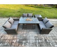 Fimous Outdoor Garden Dining Sets 6 Seater Rattan Patio Furniture Sofa Set with Gas Fire Pit Table Double Seat Sofa Side Table Dark Grey Mixed
