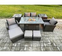 Fimous Outdoor Garden Dining Sets 7 Seater Rattan Patio Furniture Sofa Set with Gas Fire Pit Table 3 Footstools 2 Side Tables Dark Grey Mixed