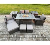 Fimous Outdoor Garden Dining Sets 7 Seater Rattan Patio Furniture Sofa Set with Gas Firepit Table 3 Footstools 2 Side Table in Dark Grey Fimous Dark Grey