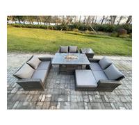 Fimous 7-Seater Rattan Outdoor Fire Pit Dining Set | Double Sofa, Large Footstool, Side Table | Dark Grey