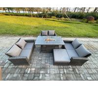 Fimous Outdoor Garden Dining Sets 7 Seater Rattan Patio Furniture Sofa Set with Gas Firepit Table Double Seat Sofa Big Footstool in Dark Grey Fimous Dark Grey