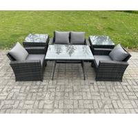 Fimous Outdoor Garden Furniture High Back Rattan Sofa Dining Table Set With 2 Side Tables Dark Grey Mixed