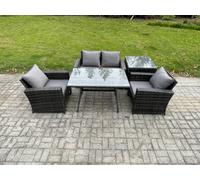 Fimous Outdoor Garden Furniture High Back Rattan Sofa Dining Table Set With Side Table Dark Grey Mixed
