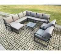 Fimous Outdoor Garden Furniture Patio Lounge Corner Sofa Aluminium Set with Square Coffee Table Big Footstool 2 Chair Dark Grey