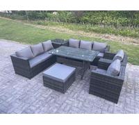 Fimous 9 Seater Dark Grey Mixed Rattan Outdoor Lounge Set - Rectangular Dining Table, 2 Armchairs & Footstool
