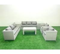 Fimous Outdoor Garden Furniture Rattan Sofa Set 2 Armchairs Oblong Coffee Table 2 Side Tables Light Grey
