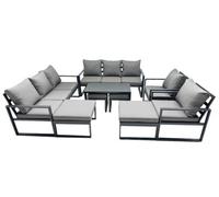 Fimous Outdoor Garden Furniture Set Aluminium Lounge 3 Seat Sofa Oblong Coffee Table Sets With 2 Chairs 4 Stools Dark Grey