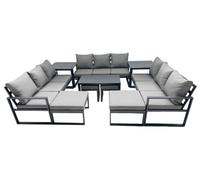 Fimous Outdoor Garden Furniture Set Aluminium Lounge 3 Seat Sofa Oblong Coffee Table Sets With 4 Stools 2 Side Tables Dark Grey