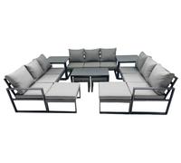 Fimous Outdoor Garden Furniture Set Aluminium Lounge 3 Seat Sofa Oblong Coffee Table Sets with 4 Stools 2 Side Tables Dark Grey