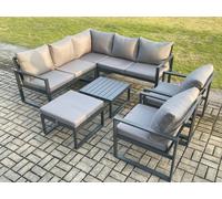 Fimous Outdoor Garden Furniture Set Aluminium Lounge Sofa Square Coffee Table Sets with 2 Pcs Chair Big Footstool Indoor Conservatory Set Dark Grey Fimous Dark Grey