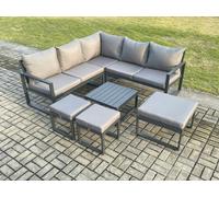 Fimous Outdoor Garden Furniture Set Aluminium Lounge Sofa Square Coffee Table Sets with 3 Footstools Indoor Conservatory Set Dark Grey