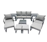 Fimous Outdoor Garden Furniture Set Aluminium Lounge Sofa Square Coffee Table Sets With 4 Stools 2 Side Tables Dark Grey