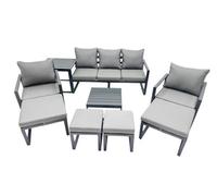 Fimous Outdoor Garden Furniture Set Aluminium Lounge Sofa Square Coffee Table Sets With 4 Stools Side Table Dark Grey