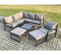 Fimous Outdoor Garden Furniture Set Aluminium Lounge Sofa Square Coffee Table Sets with Chair 2 Big Footstools Indoor Conservatory Set Dark Grey