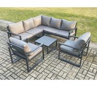 Fimous Outdoor Garden Furniture Set Aluminium Lounge Sofa Square Coffee Table Sets with 2 Pcs Chair Indoor Conservatory Set Dark Grey