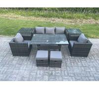 Fimous Outdoor Garden Furniture Set Patio Rattan Rectangular Dining Table Lounge Sofa Chair with 2 Side Table 2 Small Stools Dark Grey Mixed