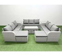 Fimous Outdoor Garden Furniture Set Pe Rattan 3 Seater Sofa Set With Oblong Coffee Table 4 Footstools 2 Side Tables Light Grey