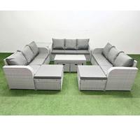 Fimous Outdoor Garden Furniture Set Pe Rattan 3 Seater Sofa Set With Oblong Coffee Table 4 Footstools Side Table Light Grey