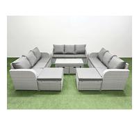 Fimous Outdoor Garden Furniture Set PE Rattan 3 Seater Sofa Set with Oblong Coffee Table 4 Footstools Light Grey