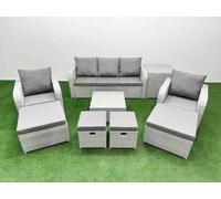Fimous Outdoor Garden Furniture Set Pe Rattan Lounge Sofa Set With Coffee Table 3 Seater Sofa 4 Footstools Side Table Light Grey