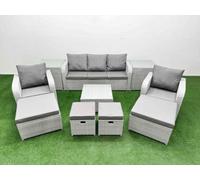 Fimous Outdoor Garden Furniture Set PE Rattan Lounge Sofa Set with Coffee Table 3 Seater Sofa 4 Footstools 2 Side Tables Light Grey
