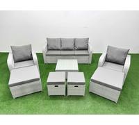 Fimous Outdoor Garden Furniture Set PE Rattan Lounge Sofa Set with Coffee Table 3 Seater Sofa 4 Footstools Light Grey