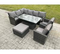 Fimous Outdoor Garden Furniture Set Wicker Pe Rattan Height Adjustable Rising Lifting Table Sofa Dining Set With Big Footstool