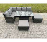 Fimous Outdoor Garden Furniture Set Wicker PE Rattan Height Adjustable Rising Lifting Table Sofa Dining Set with 2 Big Footstool Dark Grey Mixed