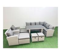 Fimous Outdoor Garden Furniture Sets 12 Seater Wicker Rattan Corner Sofa Sets with Rectangular Dining Table Lounge Sofa 4 Footstools Light Grey