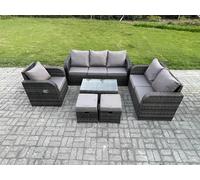 Fimous Outdoor Garden Furniture Sets 6 Pieces Wicker Rattan Furniture Sofa Sets with Rectangular Coffee Table Loveseat Sofa 2 Small Footstools