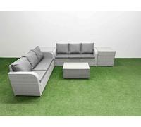 Fimous Outdoor Garden Furniture Sets 6 Seater Wicker Rattan Furniture Sofa Sets w/ Rectangular Coffee Table high Back Lounge Sofa 2 Side Table Light Fimous Light Grey