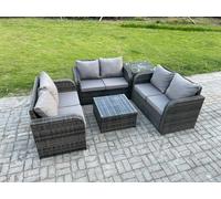 Fimous Outdoor Garden Furniture Sets 6 Seater Wicker Rattan Furniture Sofa Sets with Square Coffee Table Love seat Sofa 2 Small Footstools Side Table
