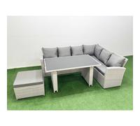 Fimous Outdoor Garden Furniture Sets 7 Seater Wicker Rattan Corner Sofa Sets with Rectangular Dining Table Lounge Sofa Big Footstool Light Grey