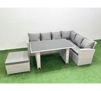 Fimous Outdoor Garden Furniture Sets 7 Seater Wicker Rattan Corner Sofa Sets with Rectangular Dining Table Lounge Sofa Big Footstool Light Grey Light Grey